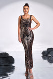 Black Golden Print Sequins Mermaid Square Neck Long Prom Dress