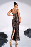 Black Golden Print Sequins Mermaid Square Neck Long Prom Dress