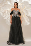 Sparkly Black Off the Shouler A-Line Tulle Long Corset Prom Dress with Feather