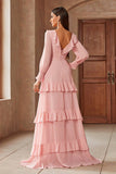 Pink Chiffon V-neck Long Sleeves A-Line Tiered Long Prom Dress