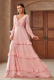 Pink Chiffon V-neck Long Sleeves A-Line Tiered Long Prom Dress