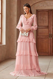 Pink Chiffon V-neck Long Sleeves A-Line Tiered Long Prom Dress