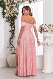 Pink A Line Off the Shoulder Sequin Long Prom Dress with Slit