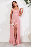 Pink A Line Off the Shoulder Sequin Long Prom Dress with Slit