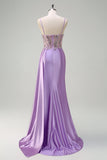 Sparkly Purple Mermaid Watteau Train Sheer Ruched Corset Long Prom Dress with Slit