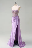 Sparkly Purple Mermaid Watteau Train Sheer Ruched Corset Long Prom Dress with Slit