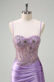 Sparkly Purple Mermaid Watteau Train Sheer Ruched Corset Long Prom Dress with Slit