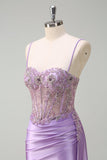 Sparkly Purple Mermaid Watteau Train Sheer Ruched Corset Long Prom Dress with Slit