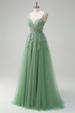 Green A-Line Spaghetti Straps Tulle Long Prom Dress with Appliques