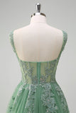 Green A-Line Spaghetti Straps Tulle Long Prom Dress with Appliques