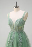 Green A-Line Spaghetti Straps Tulle Long Prom Dress with Appliques