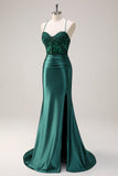 Sparkly Dark Green Mermaid Halter Corset Long Prom Dress With Slit