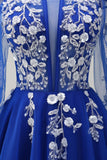 Sparkly Royal Blue A-Line Cold Shoulder Long Sleeves Long Prom Dress with Appliques