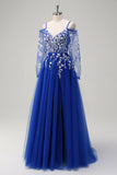 Royal Blue A-Line Cold Shoulder Sequin Applique Long Prom Dress with Tulle Slit