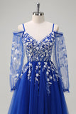 Royal Blue A-Line Cold Shoulder Sequin Applique Long Prom Dress with Tulle Slit