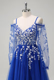 Royal Blue A-Line Cold Shoulder Sequin Applique Long Prom Dress with Tulle Slit