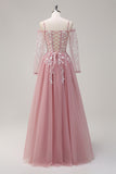 Blush A-Line Cold Shoulder Corset Appliqued Long Prom Dress with Slit