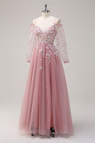 Blush A-Line Cold Shoulder Corset Appliqued Long Prom Dress with Slit