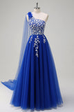 Royal Blue A-Line One Shoulder Watteau Train Appliqued Prom Dress with Lace Up Back