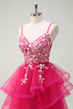 Sparkly Fuchsia A-Line Spaghetti Straps Ruffles Tulle Long Prom Dress with Appliques