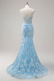 Sparkly Blue Mermaid Spaghetti Straps Sequin Corset Long Prom Dress with Embroidery