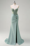 Sparkly Grey Green Mermaid Strapless Sequin Corset Ruched Long Prom Dress with Slit