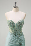 Sparkly Navy Mermaid Sequins Ruched Corset Long Prom Dress with Slit