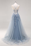 Lavender A Line Spaghetti Straps Tulle Beaded Long Prom Dress with Slit