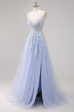 Lavender A Line Spaghetti Straps Tulle Beaded Long Prom Dress with Slit