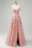 Pink Floral Off The Shouder A-Line Corset Prom Dress with Slit