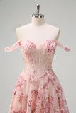 Pink Floral Off The Shouder A-Line Corset Prom Dress with Slit