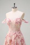 Pink Floral Off The Shouder A-Line Corset Prom Dress with Slit