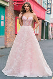 Sparkly Princess Pink Strapless Corset Floral Long Ball Dress With Sequins