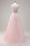 Sparkly Princess Pink Strapless Corset Floral Long Ball Dress With Sequins