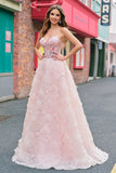 Sparkly Princess Pink Strapless Corset Floral Long Ball Dress With Sequins