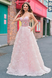 Sparkly Princess Pink Strapless Corset Floral Long Ball Dress With Sequins