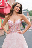 Sparkly Princess Pink Strapless Corset Floral Long Ball Dress With Sequins