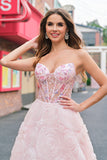 Sparkly Princess Pink Strapless Corset Floral Long Ball Dress With Sequins