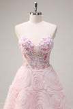 Sparkly Pink Princess Strapless Floral Corset Long Prom Dress With Sequins