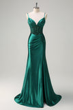 Sparkly Dark Green Mermaid Spaghetti Straps Corset Beaded Prom Dress with Slit