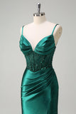 Sparkly Dark Green Mermaid Spaghetti Straps Corset Beaded Prom Dress with Slit