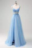 Sparkly Blue A-Line Sheer Corset Lace Up Back Long Prom Dress with Slit