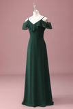 Dark Green A Line Off The Shoulder Ruffles Junior Bridesmaid Dress