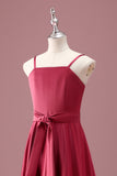 Dark Red A Line Spaghetti Straps Ruched Junior Bridesmaid Dress