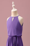 Purple Halter Keyhole A Line Short Junior Bridesmaid Dress with Belt