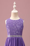 Purple Lace A Line Round Neck Short Junior Bridesmaid Dress with Rhinestone Belt