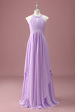 Lilac Beaded Keyhole Halter A Line Long Pleated Junior Bridesmaid Dress