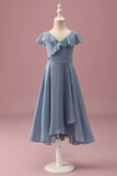 Dusty Blue Chiffon V Neck Wrap Short Junior Bridesmaid Dress with Flutter Sleeves