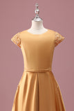 Golden Round Neck Chiffon A Line Short Sleeves Junior Bridesmaid Dress