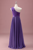 Purple One Shoulder A Line Pleated Chiffon Junior Bridesmaid Dress